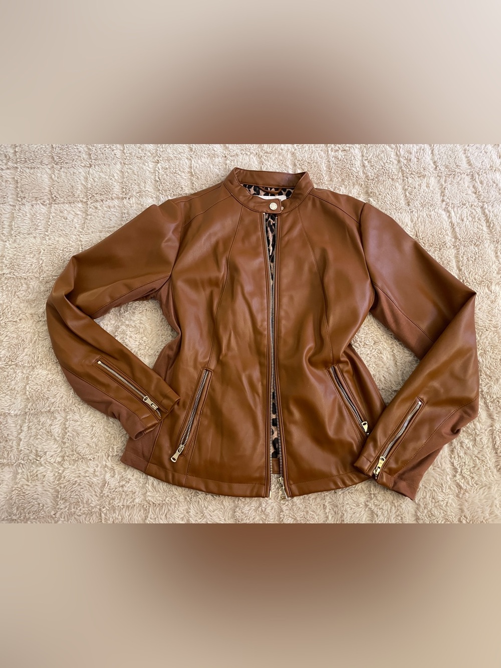 NWOT Womens Calvin Klein Warm Brown Faux Leather Zip Moto Jacket